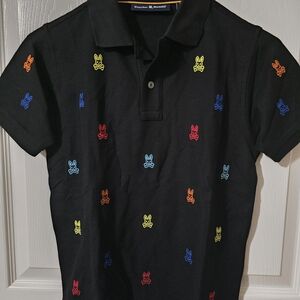 Psycho Bunny Black Polo with Multicolor Bunny Embroidery